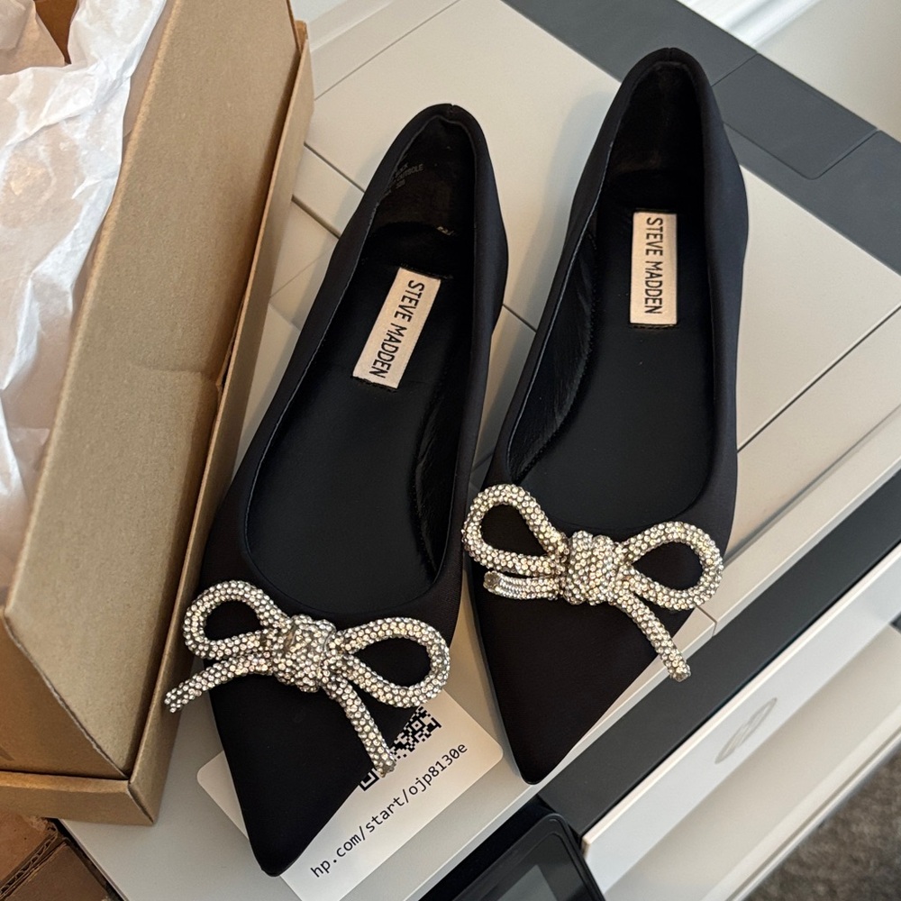 Steve Madden Black Flats with Rhinestone Bow